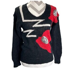 Vintage 80s David Brett Black Red Sequin Chunky Knit Retro V Neck Linen Sweater